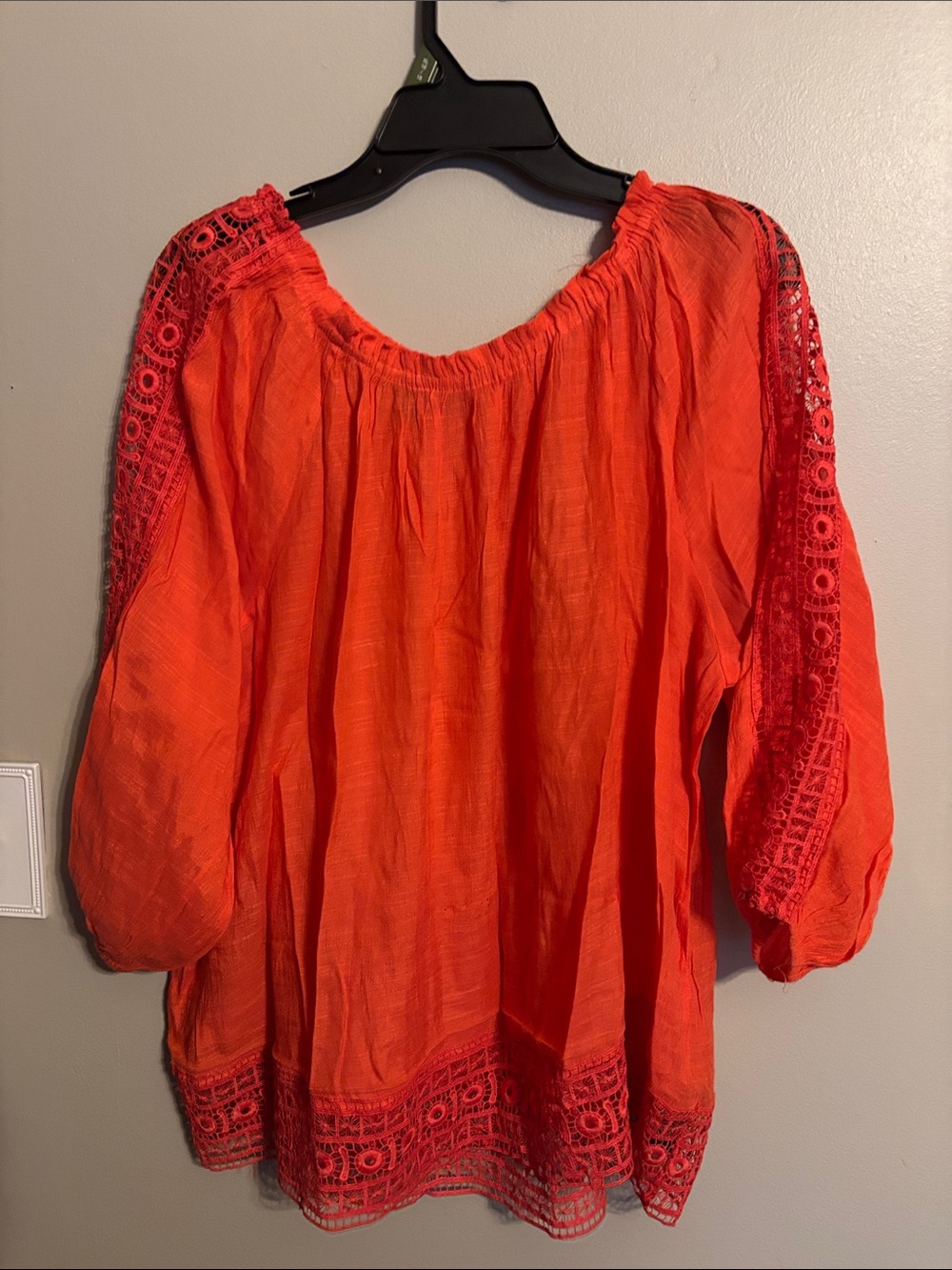 Zac & Rachel Coral Orange Lace-Inset Peasant Top